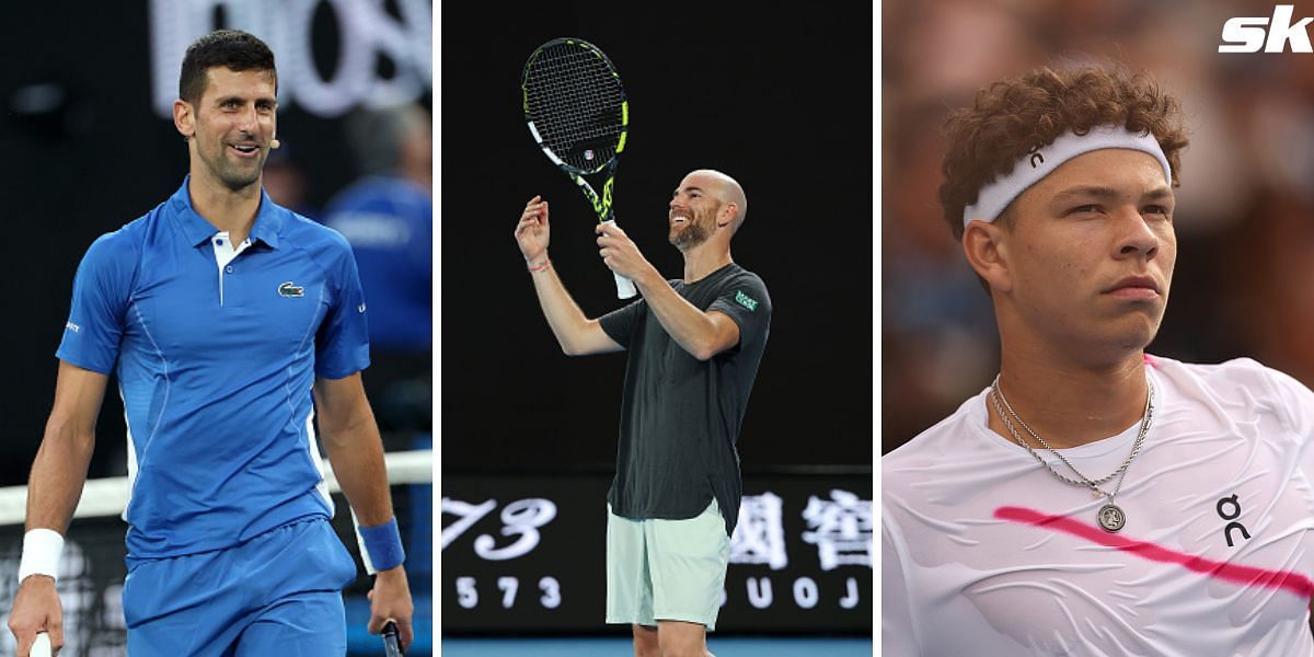 Novak Djokovic (L), Adrian Mannarino (centre) and Ben Shelton (R)