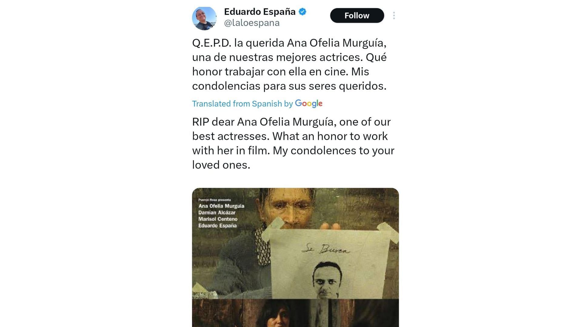 Fans pay tribute as famous Mexican actress, Murguia, dies (Image via X / @laloespana)