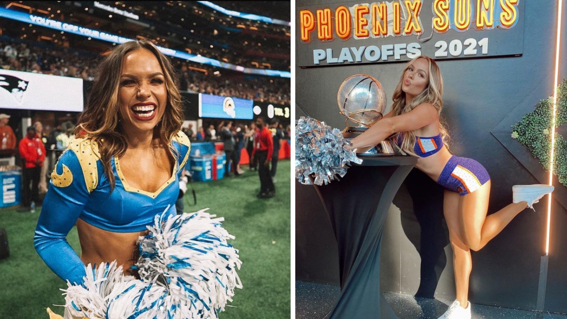 Maxxine Dupri as a cheerleader for the LA Rams and Phoenix Suns, respectively