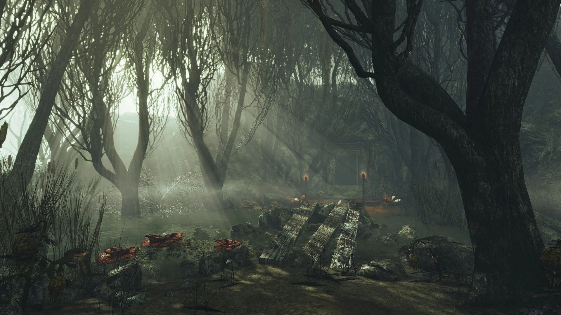 The swamps of Point Lookout look much more ominous with the new volumetric lighting (Image via Nexusmods)