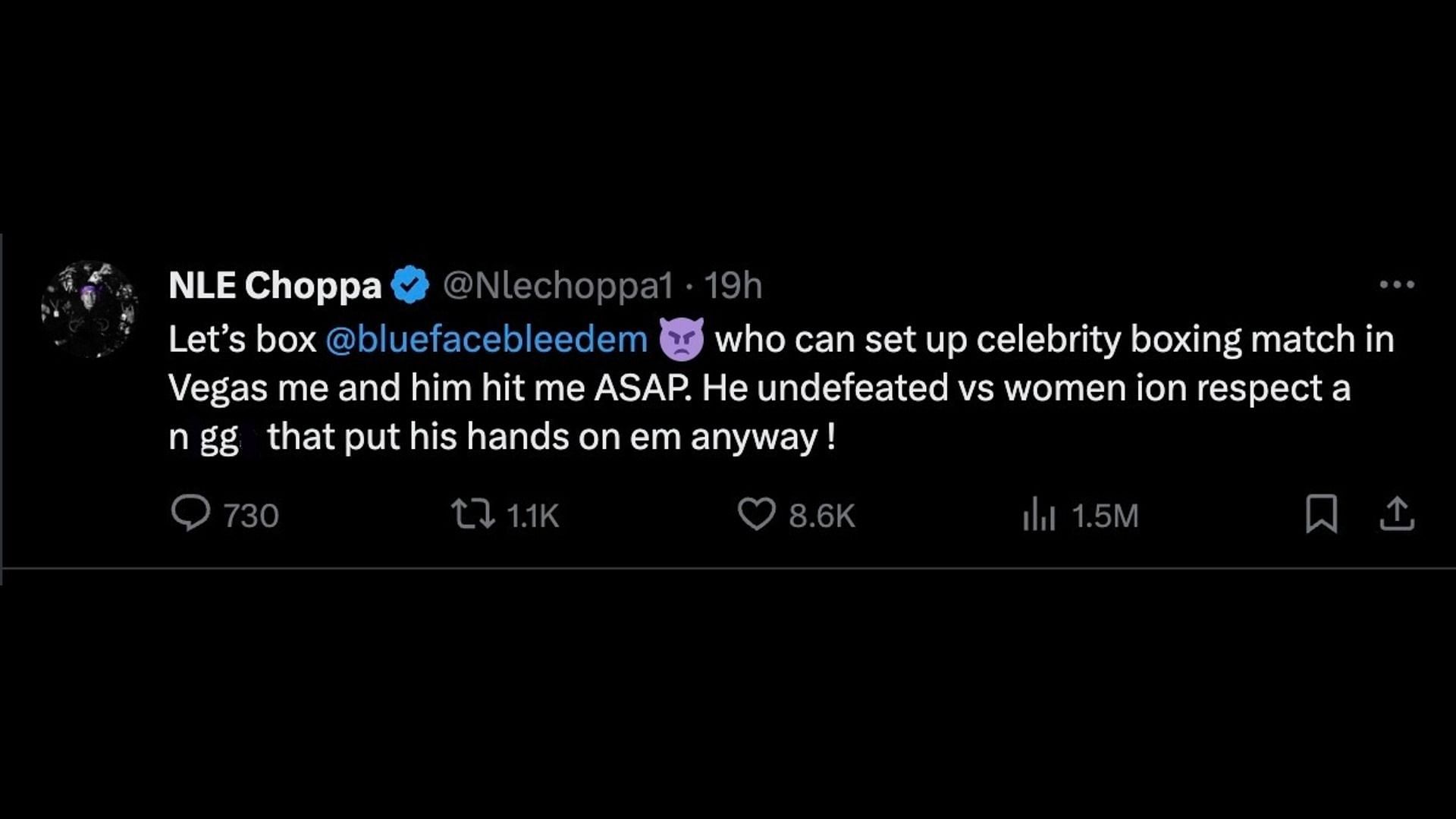 NLE challenges Blueface to a boxing match. (Images via X/@nlechoppa1)