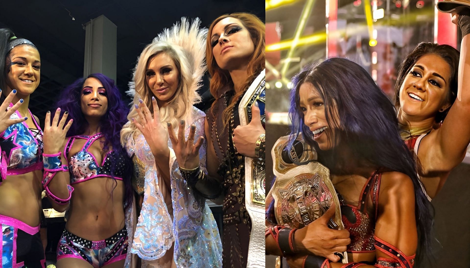 Bayley, Sasha Banks, Charlotte Flair, and Becky Lynch(left) and Bayley and Sasha Banks(right)