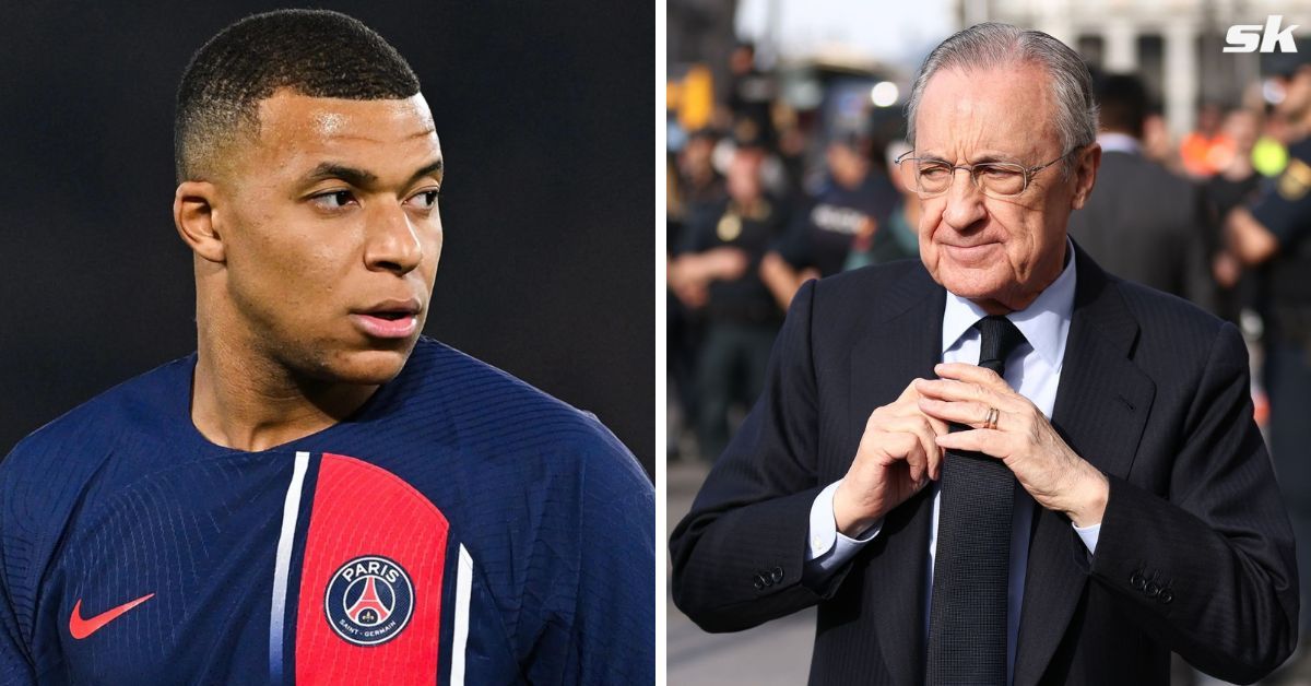 PSG striker Kylian Mbappe (left) and Real Madrid president Florentino Perez