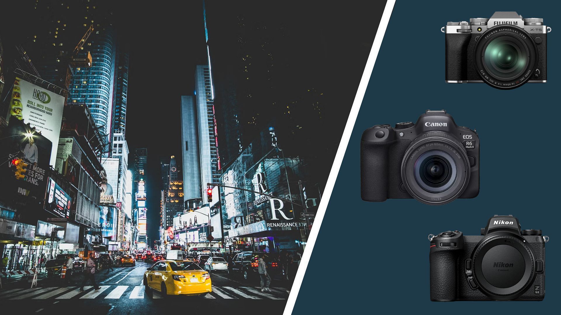 5 best cameras for night photography (Image via Unsplash/@kwhatswong, Canon, Nikon, Fujifilm)