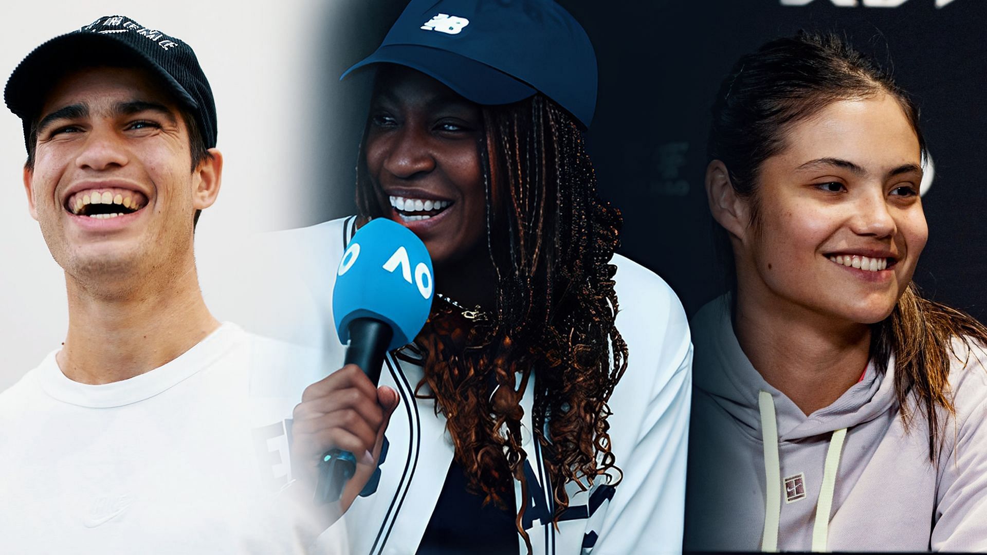 Carlos Alcaraz(left), Coco Gauff(center) and Emma Raducanu(right)