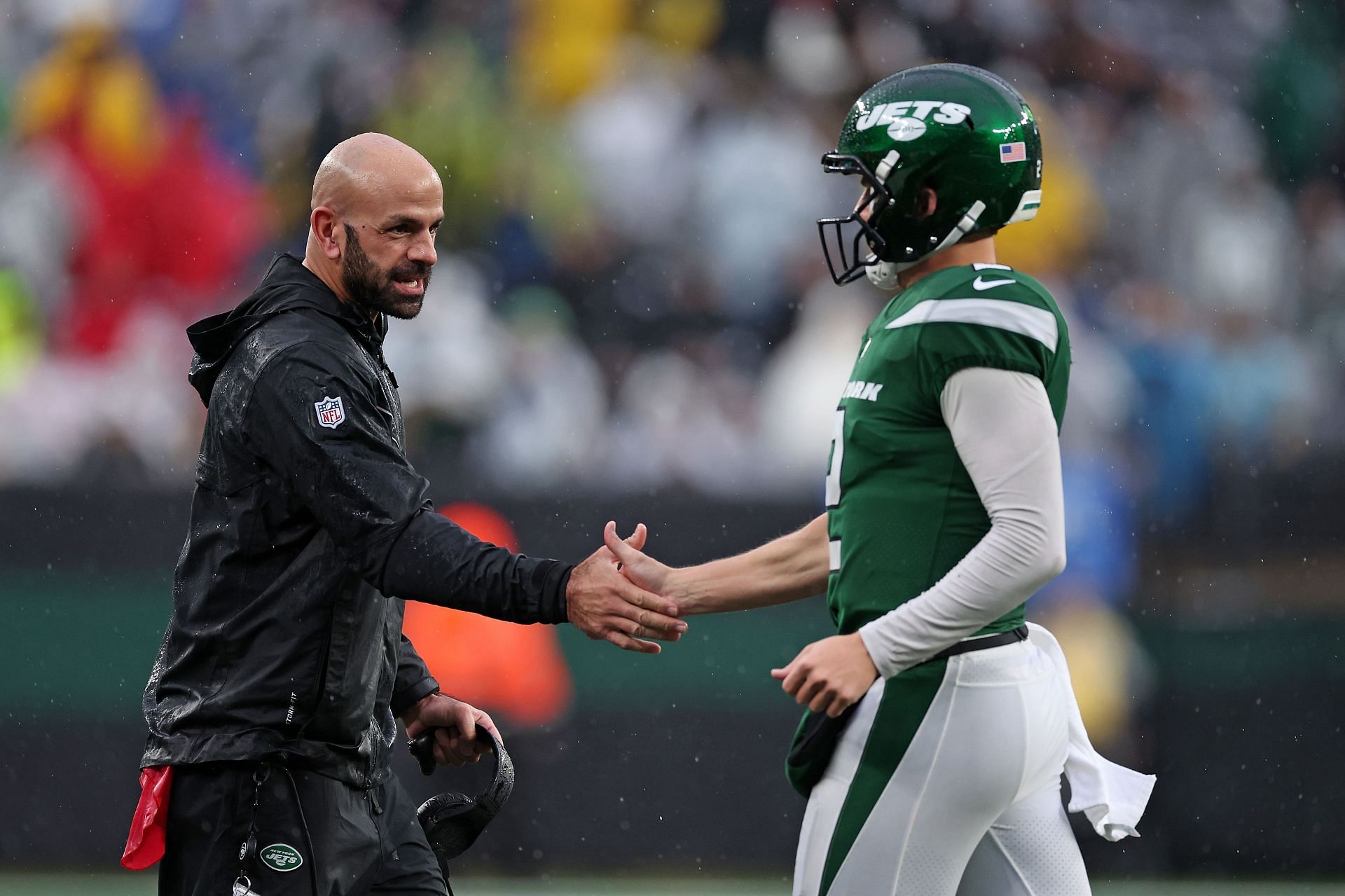 Robert Sale and Zach Wilson during Houston Texans v New York Jets