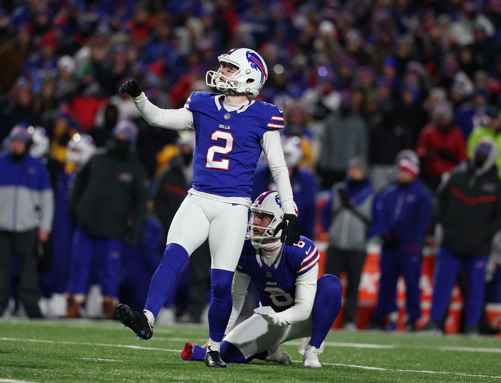 Tyler Bass during AFC Divisional Playoffs - Kansas City Chiefs v Buffalo Bills