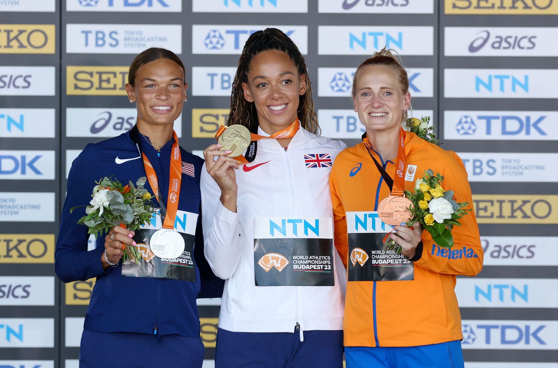 Anna Hall (left), Katarina Johnson-Thompson (middle), and Anouk Vetter (right) at the World Athletics Championships Budapest 2023. (Photo by Stephen Pond/Getty Images for World Athletics)