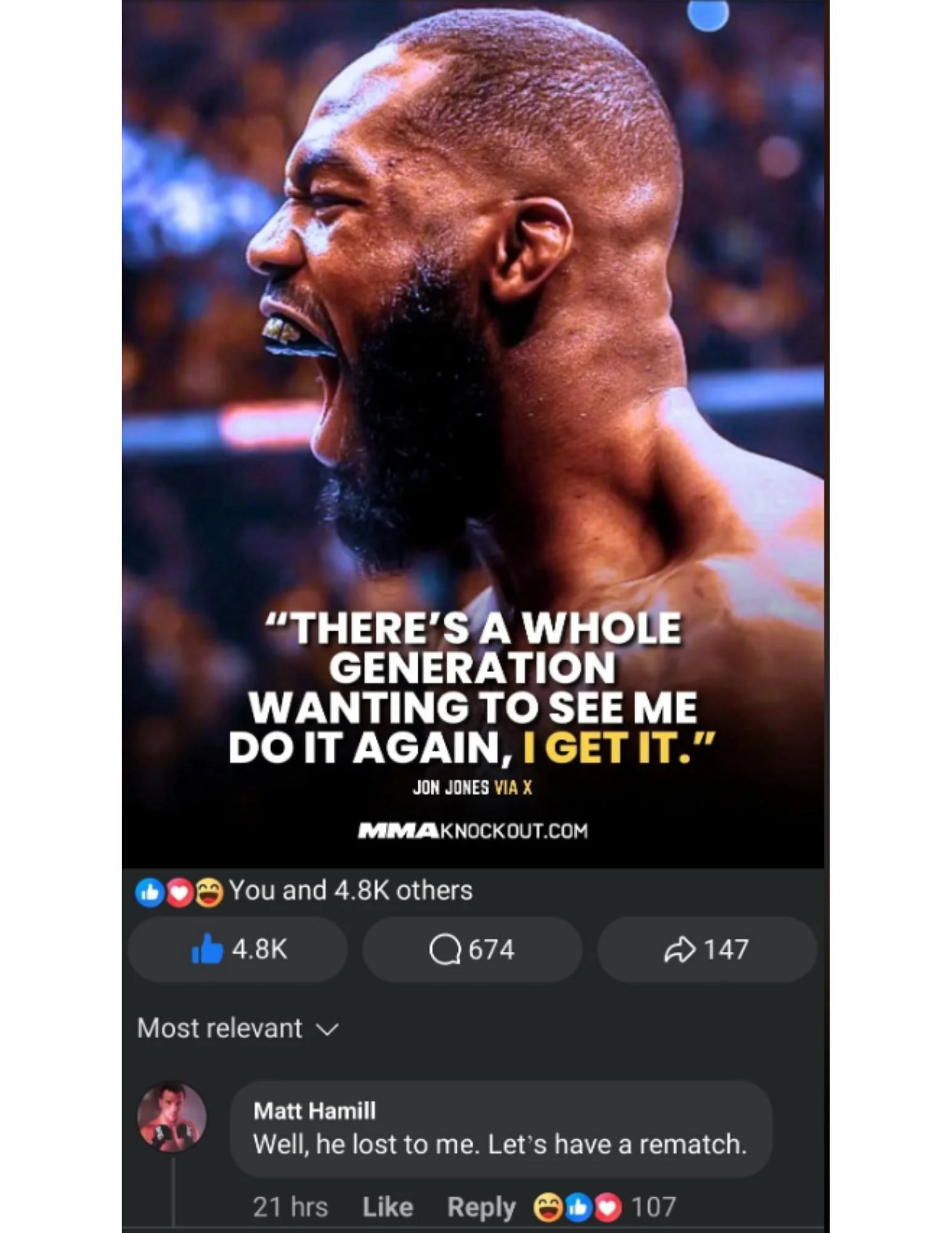 Matt Hamill responding to a Facebook post reporting on a comment from Jon Jones [via r/&lt;a href=&#039;https://www.sportskeeda.com/go/ufc-on-fox-20/&#039; target=&#039;_blank&#039; rel=&#039;noopener noreferrer&#039;&gt;UFC&lt;/a&gt; on Reddit]