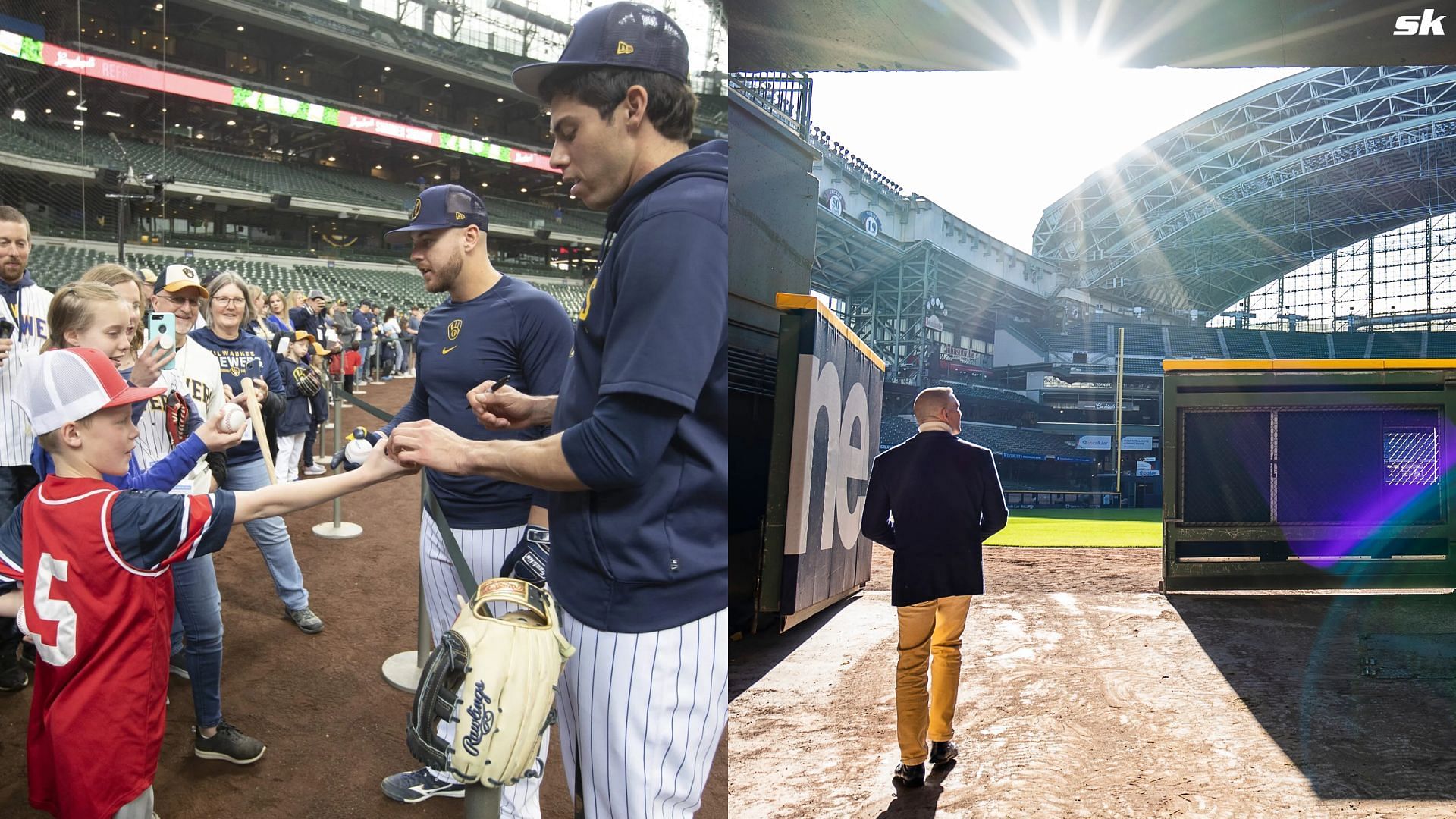 Brewers players inside the field with young fans; bullpen entry inside the American Family Field