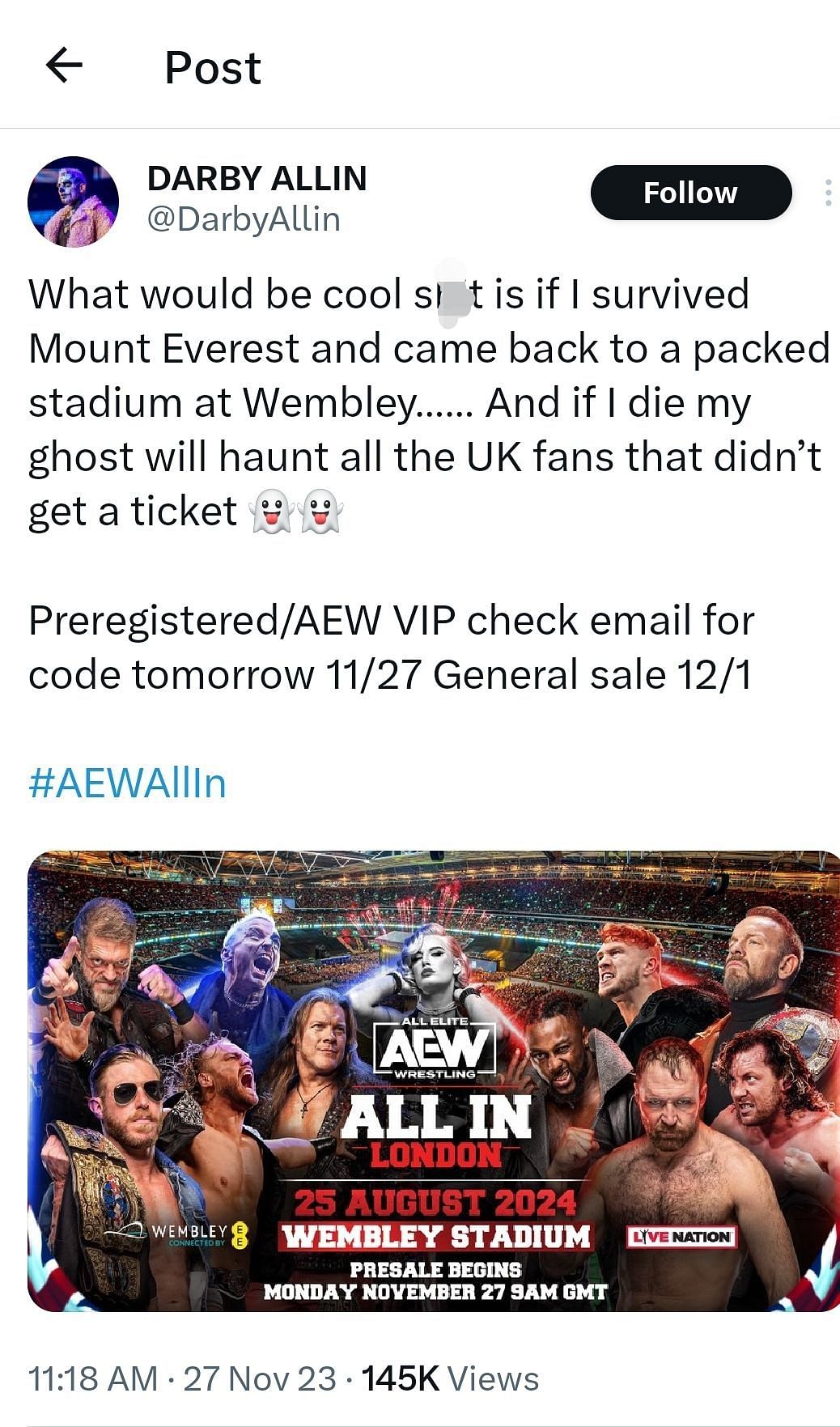 Screenshot of Darby Allin&#039;s tweet