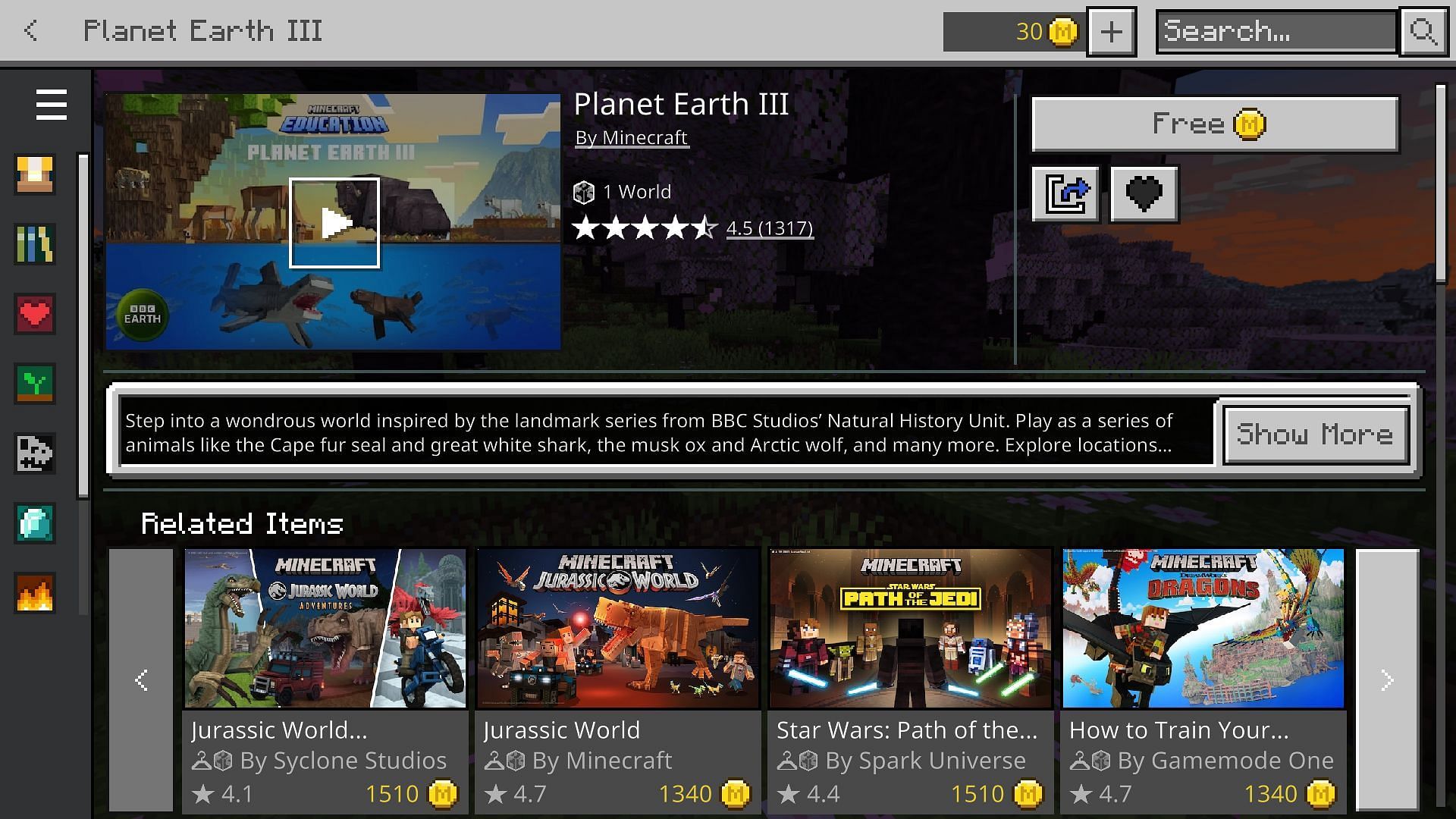 Planet Earth III est gratuit sur le marché Minecraft (Image via Mojang)