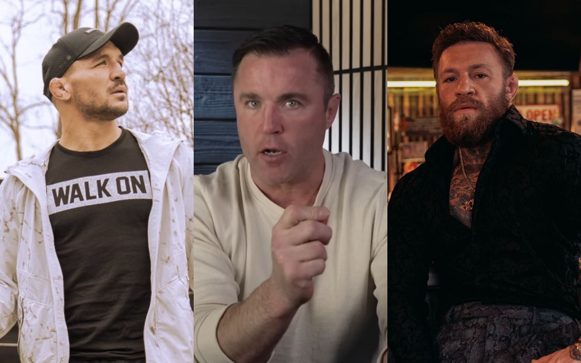 Chael Sonnen [Middle] disputes claim regarding Michael Chandler [Left] and Conor McGregor [Right] fighting for 165-pound title [Image courtesy: Chael Sonnen - YouTube, and @MikeChandlerMMA and @TheNotoriousMMA - X]