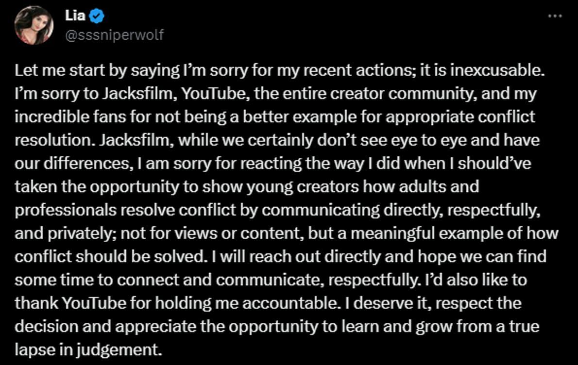 What happened to SSSniperWolf? YouTuber apologizes following her actions (Image via X)