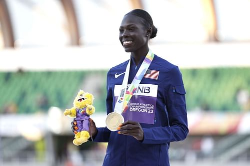 Gold medalist Athing Mu of Team United States poses during the medal ceremony for the Women's 800m at the 2022 World Athletics Championships at Hayward Field in Eugene, Oregon.