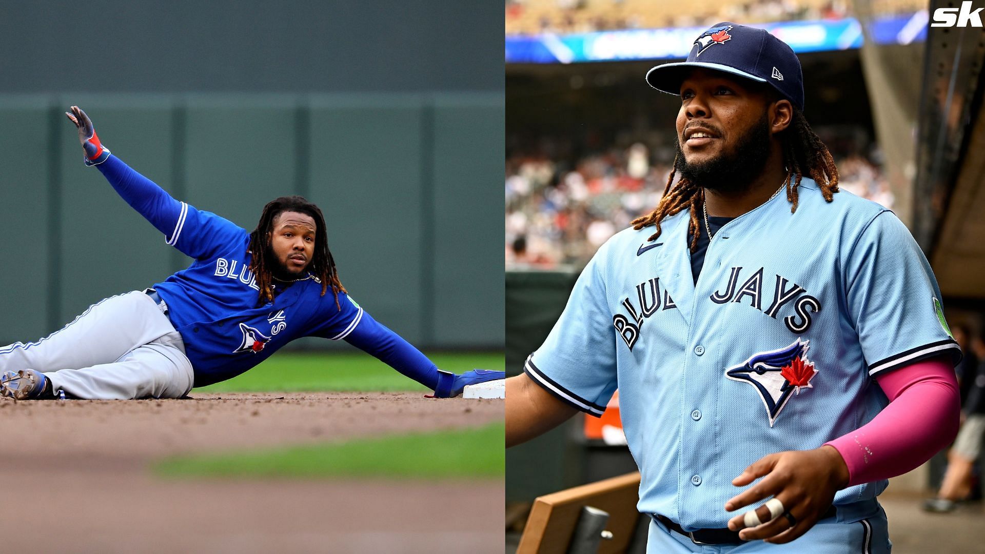 Vladimir Guerrero Jr. of the Toronto Blue Jays looks on prior to Game One of the Wild Card Series against the Minnesota Twins at Target Field