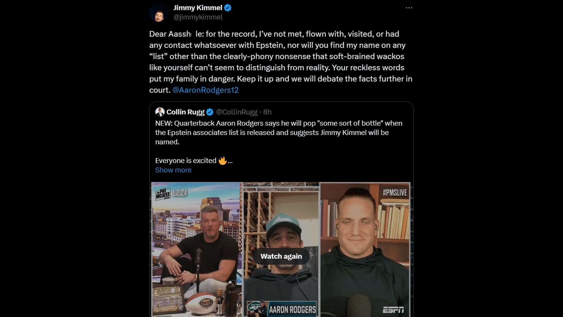 Kimmel warns Rodgers from taking his name with regard to the Epstein list. (Image via X/jimmykimmel)