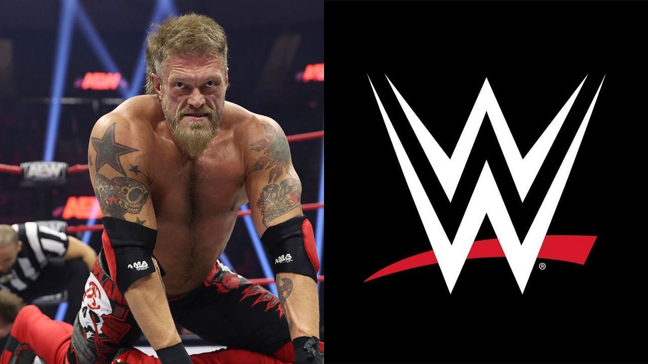 Adam Copeland (left) and WWE logo (right)