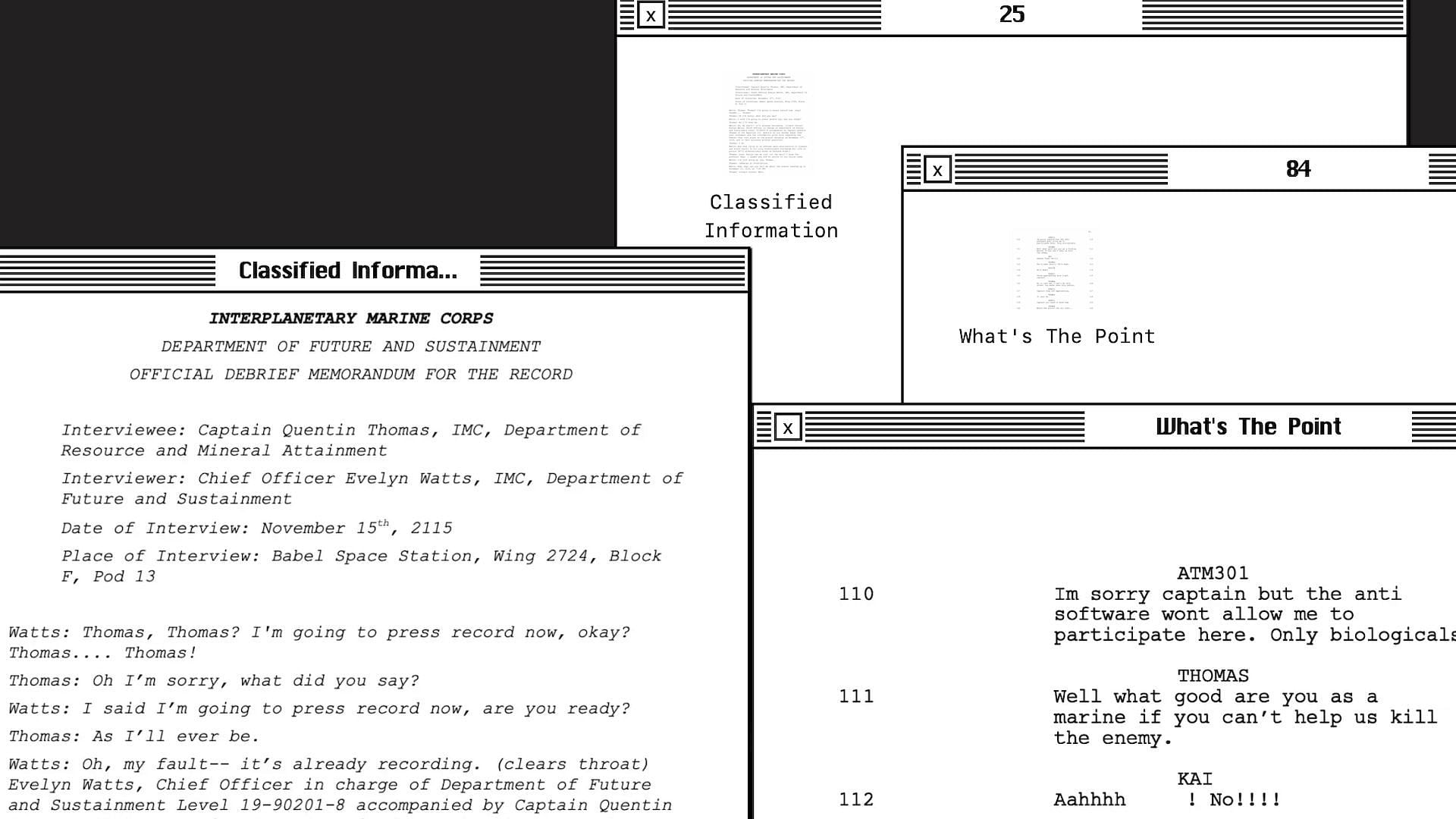 Partial screenshots of the &quot;Classified Information&quot; and &quot;What&#039;s the point&quot; transcripts from the website (Image via BABEL website)