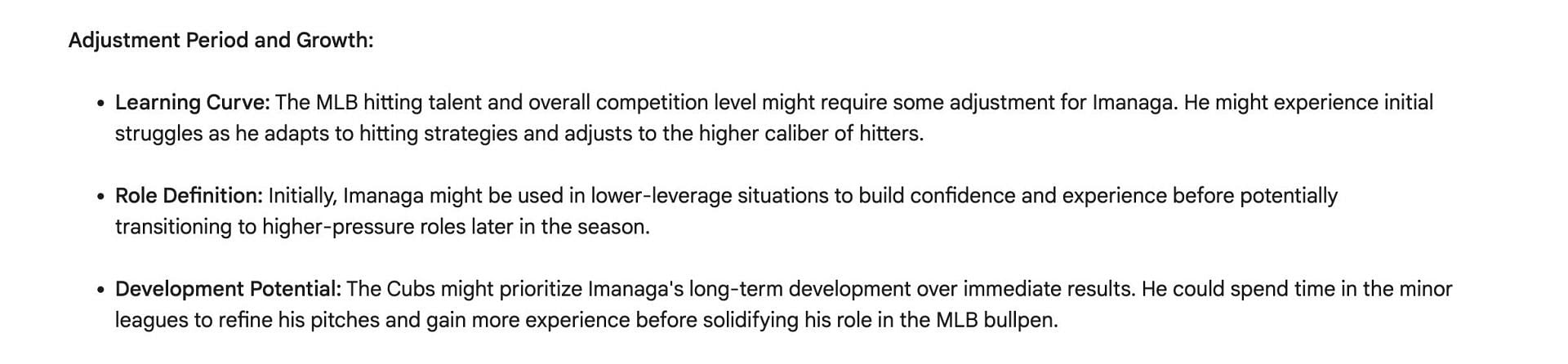 According to AI, Shota Imanaga might face a period of adjustment as he learns MLB hitting and the competitive level.