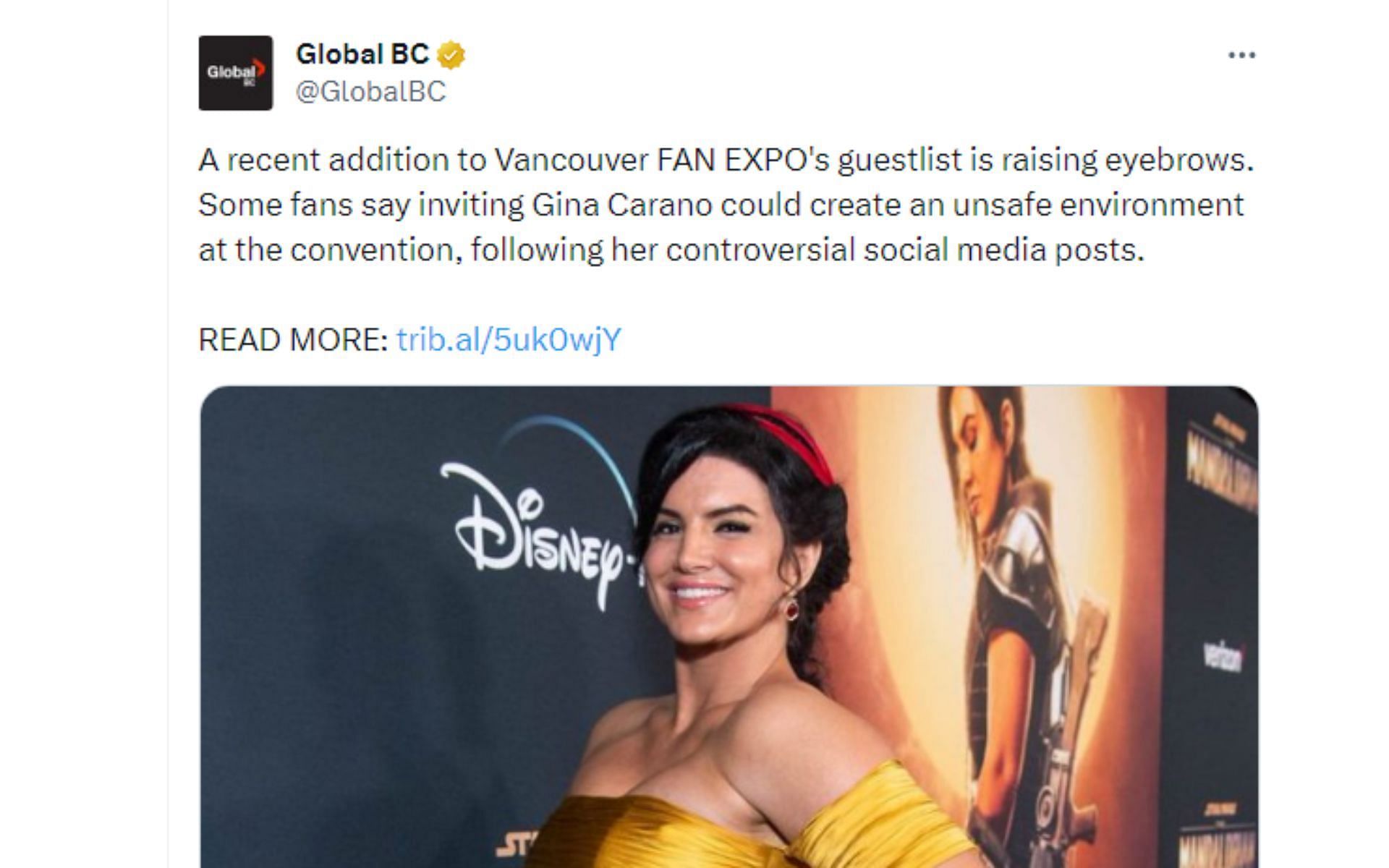 Tweet regarding Carano appearing at Vancouver Fan Expo [Image courtesy: @GlobalBC - X]
