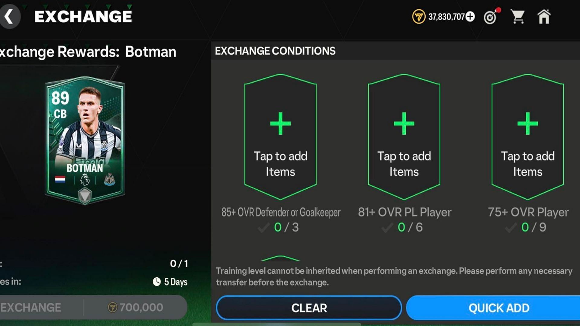 Sven Botman card&#039;s requirements in FC Mobile Winter Wildcarda Exchange (Image via EA Sports)