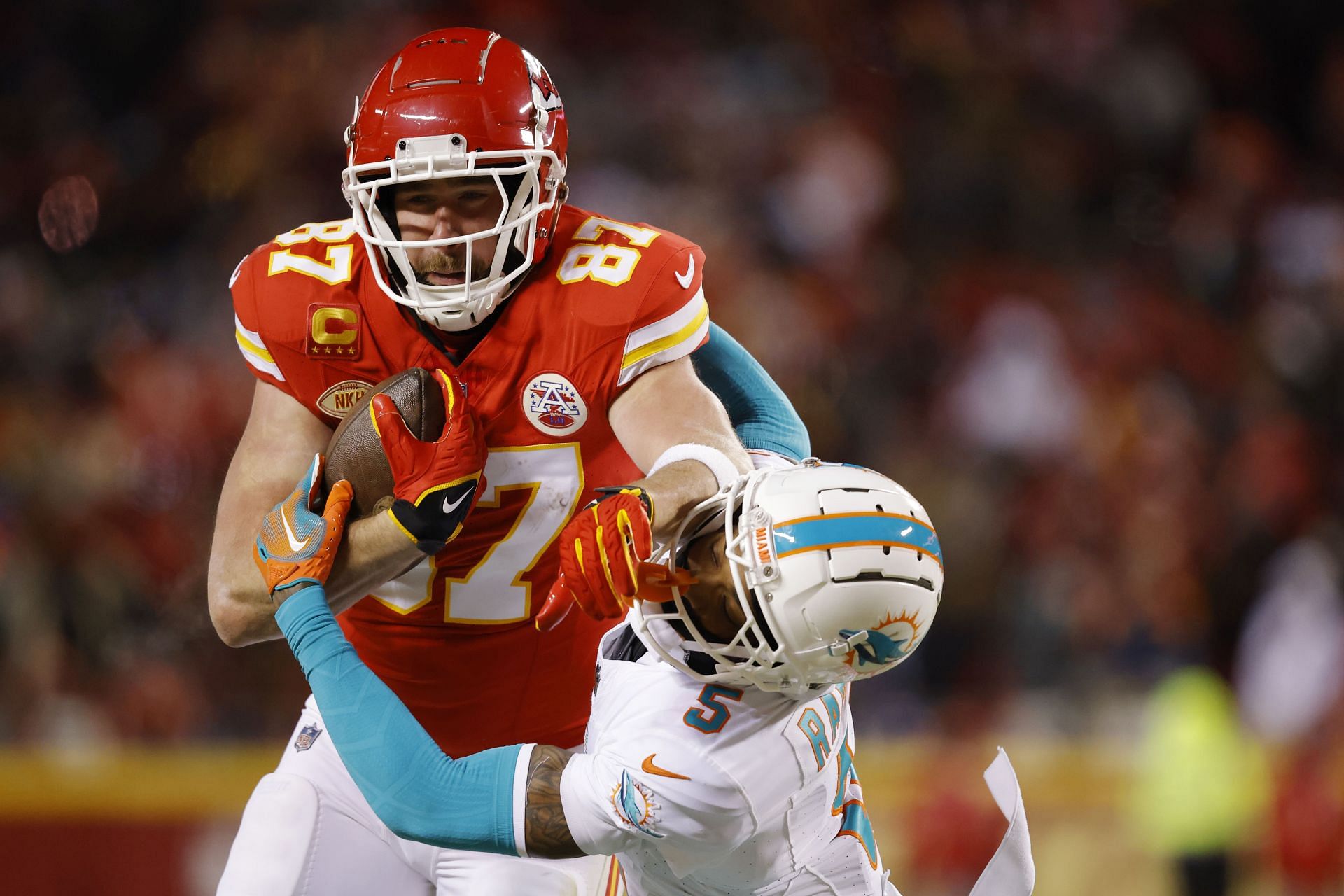 Travis Kelce during the AFC Wild Card Playoffs - Miami Dolphins vs. Kansas City Chiefs