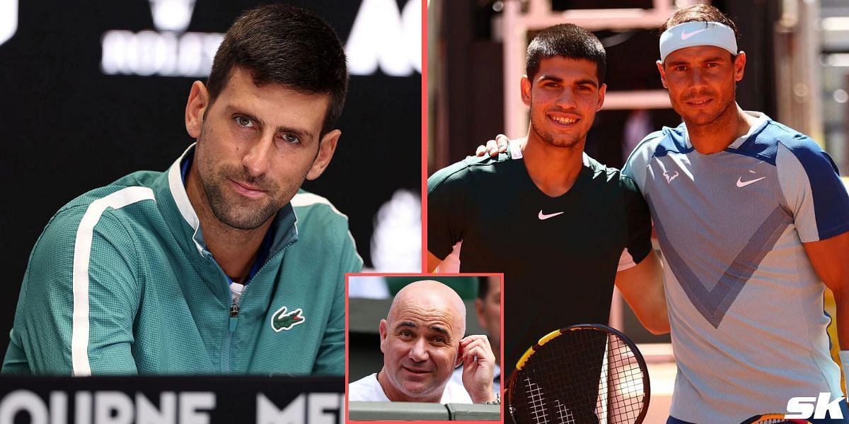 Novak Djokovic (L), Carlos Alcaraz &amp; Rafael Nadal (R), Andre Agassi (Inset)