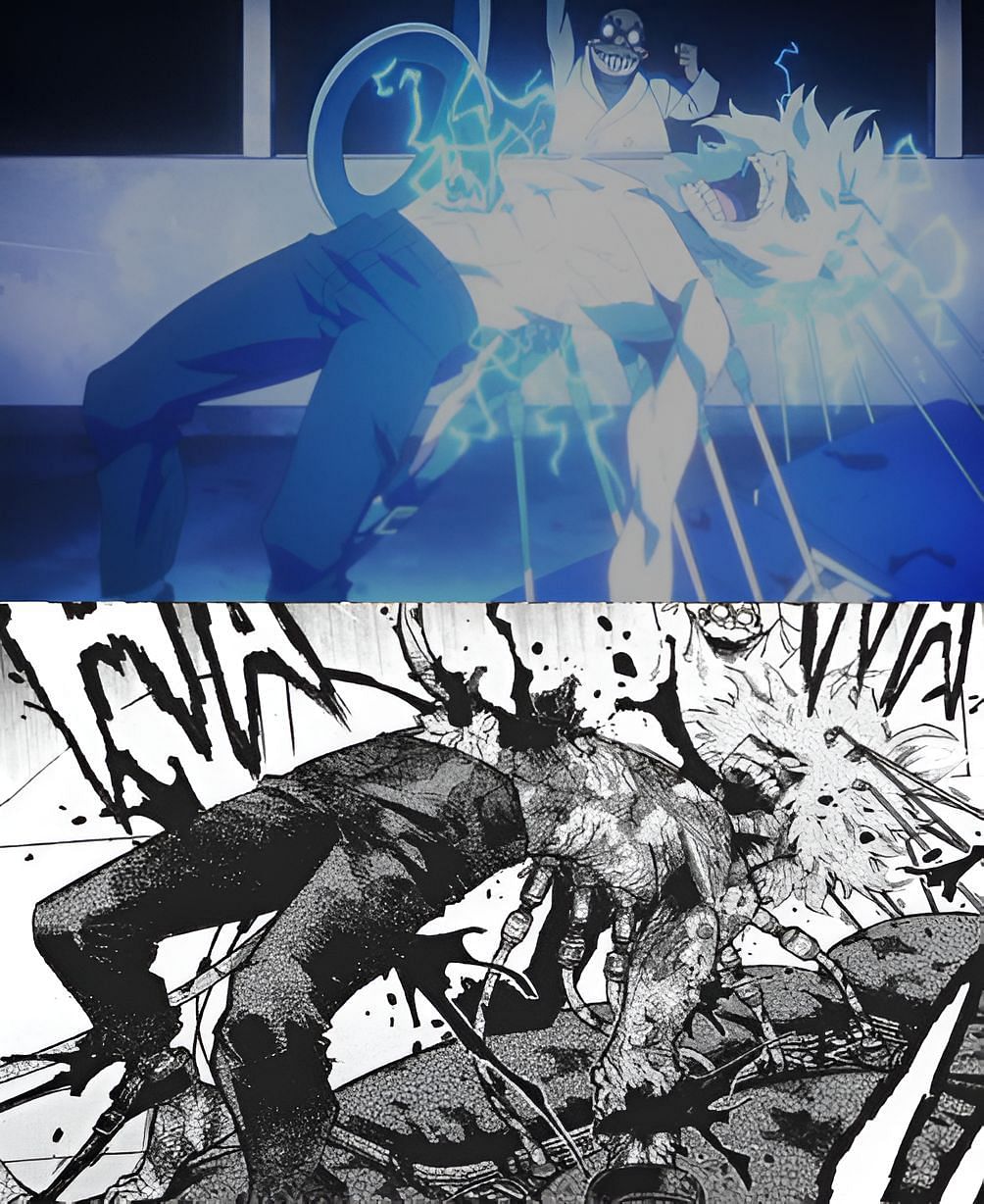 A manga and anime comparison of Ujiko experimenting on Shigaraki (Image via Bones and Shueisha/Horikoshi)