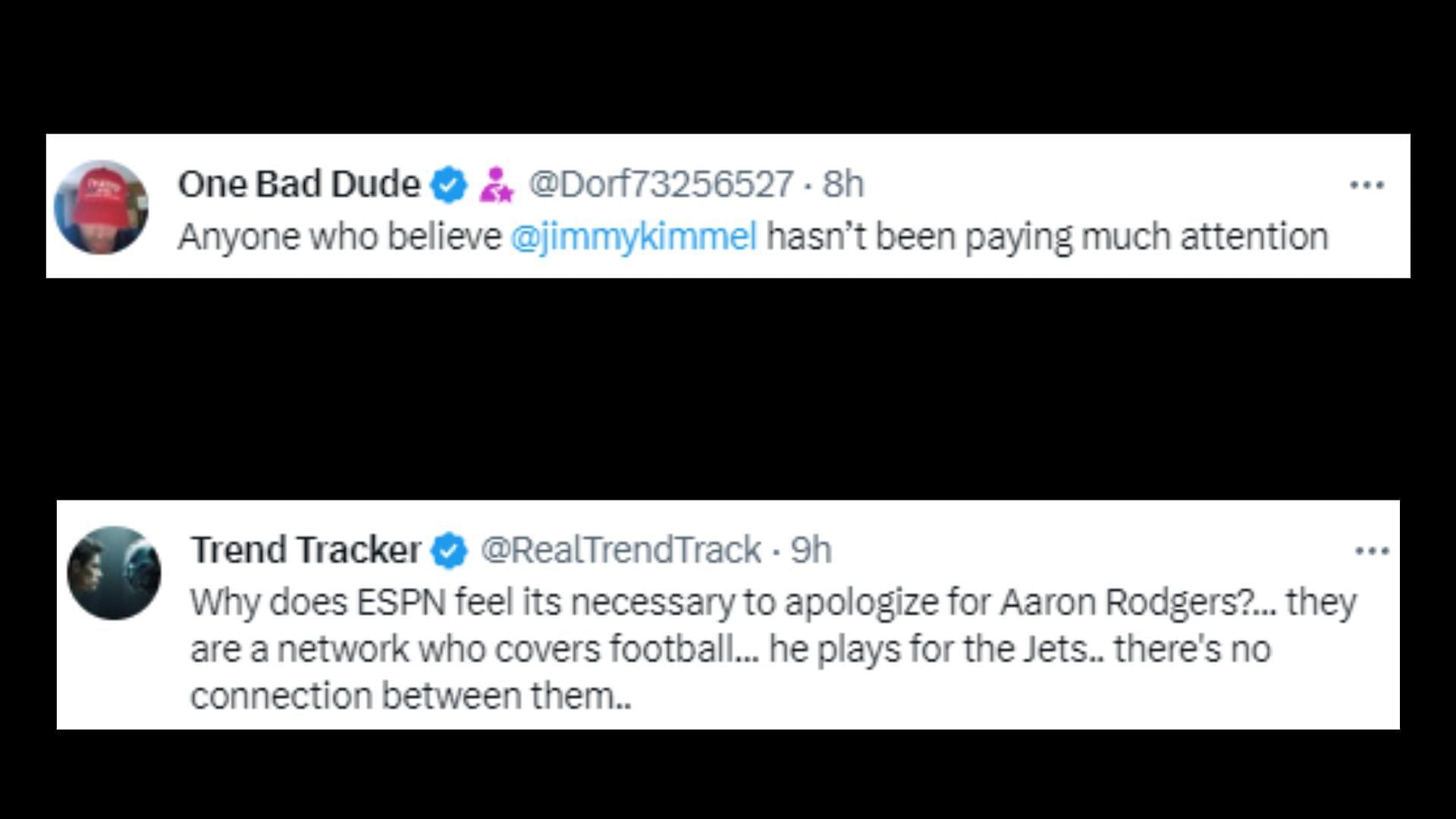 Netizens react to ESPN&#039;s apology for Aaron Rodgers&#039; comments (Image via CollinRugg/X)