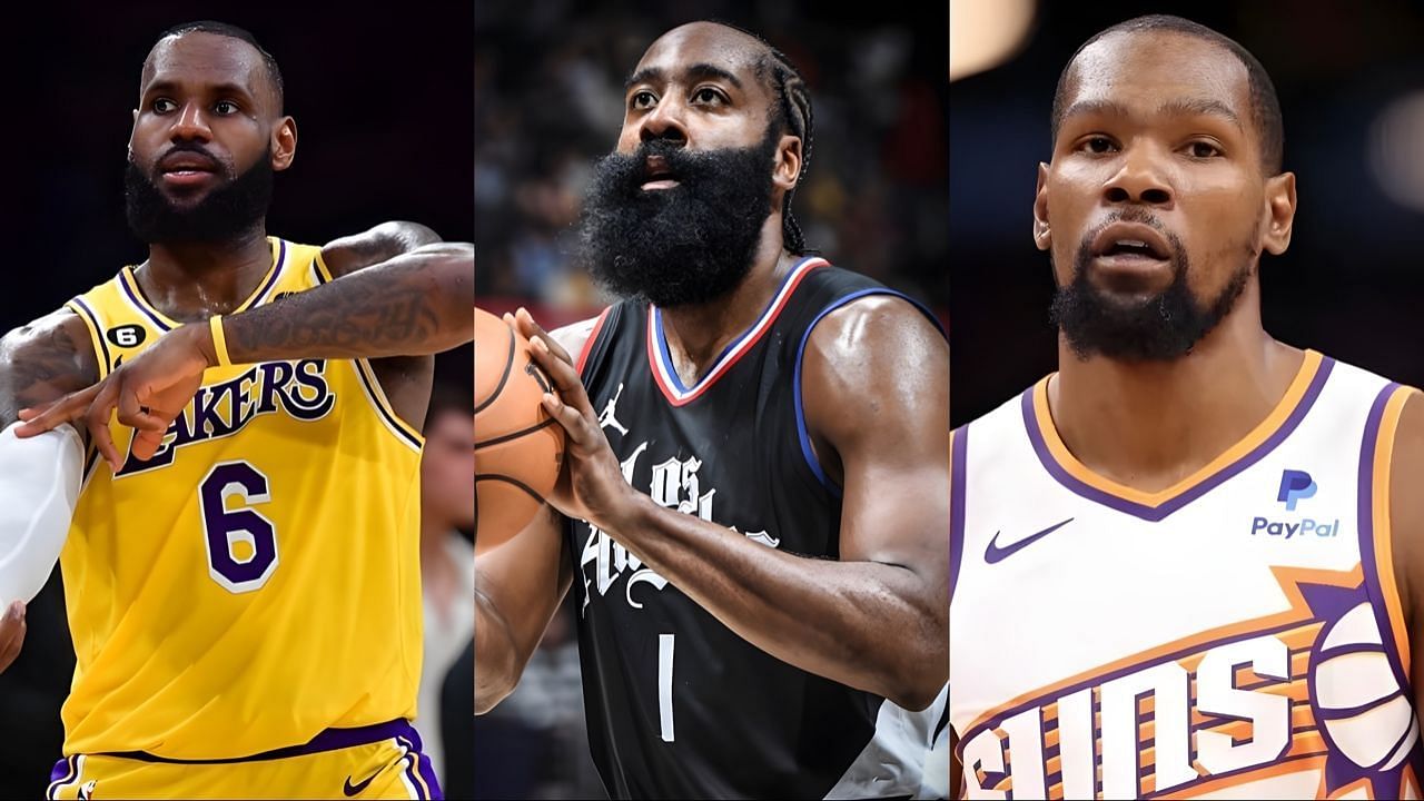 LeBron James (L), James Harden (C), and Kevin Durant are among the active NBA players with longest consecutive 10 + points games streak 