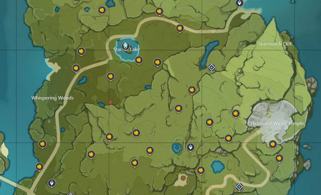 Berry locations near Starfell Lake (Image via Official Interactive Teyvat map)