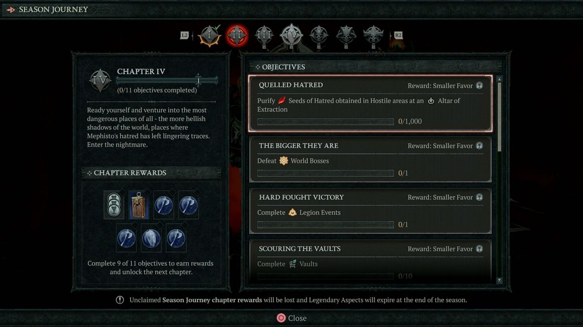 Diablo 4 Season 3 Season Journey objectives, all Legendary Aspect ...