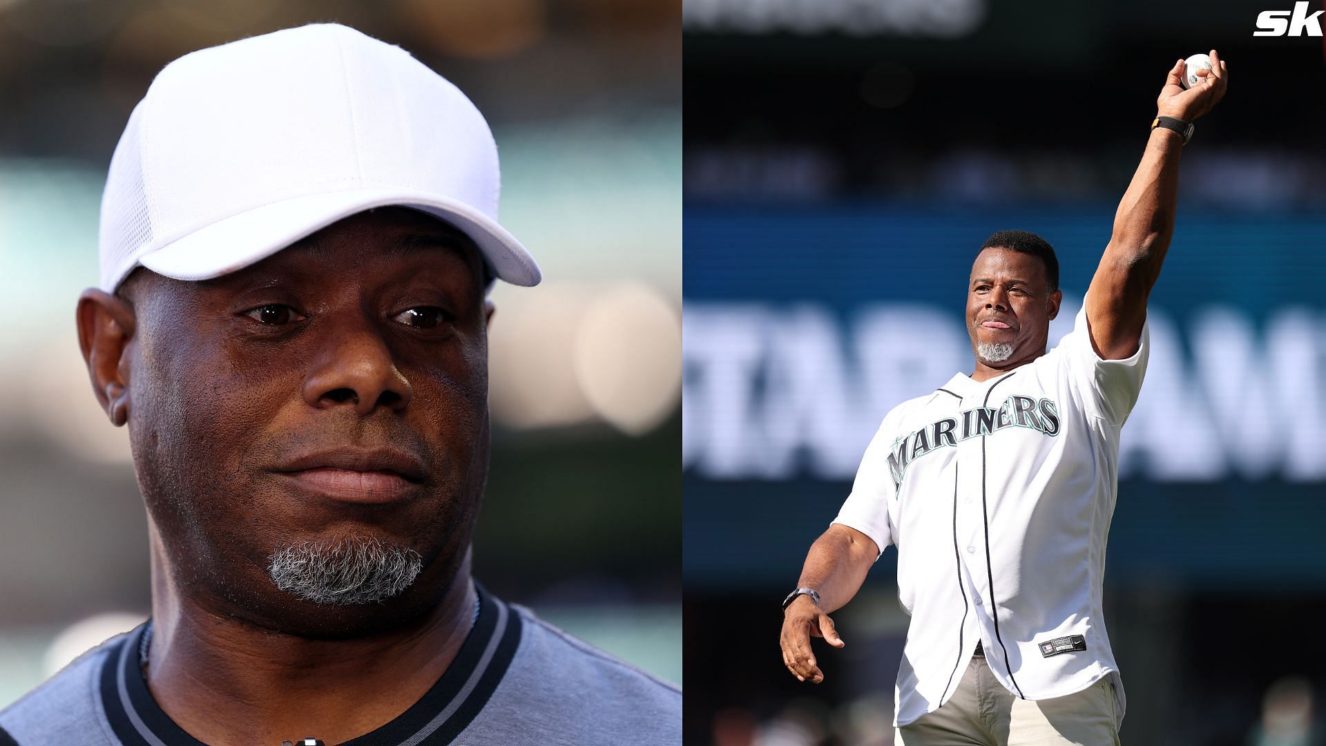 Former MLB player Ken Griffey Jr. looks on before Game Five of the World Series between the Texas Rangers and the Arizona Diamondbacks at Chase Field