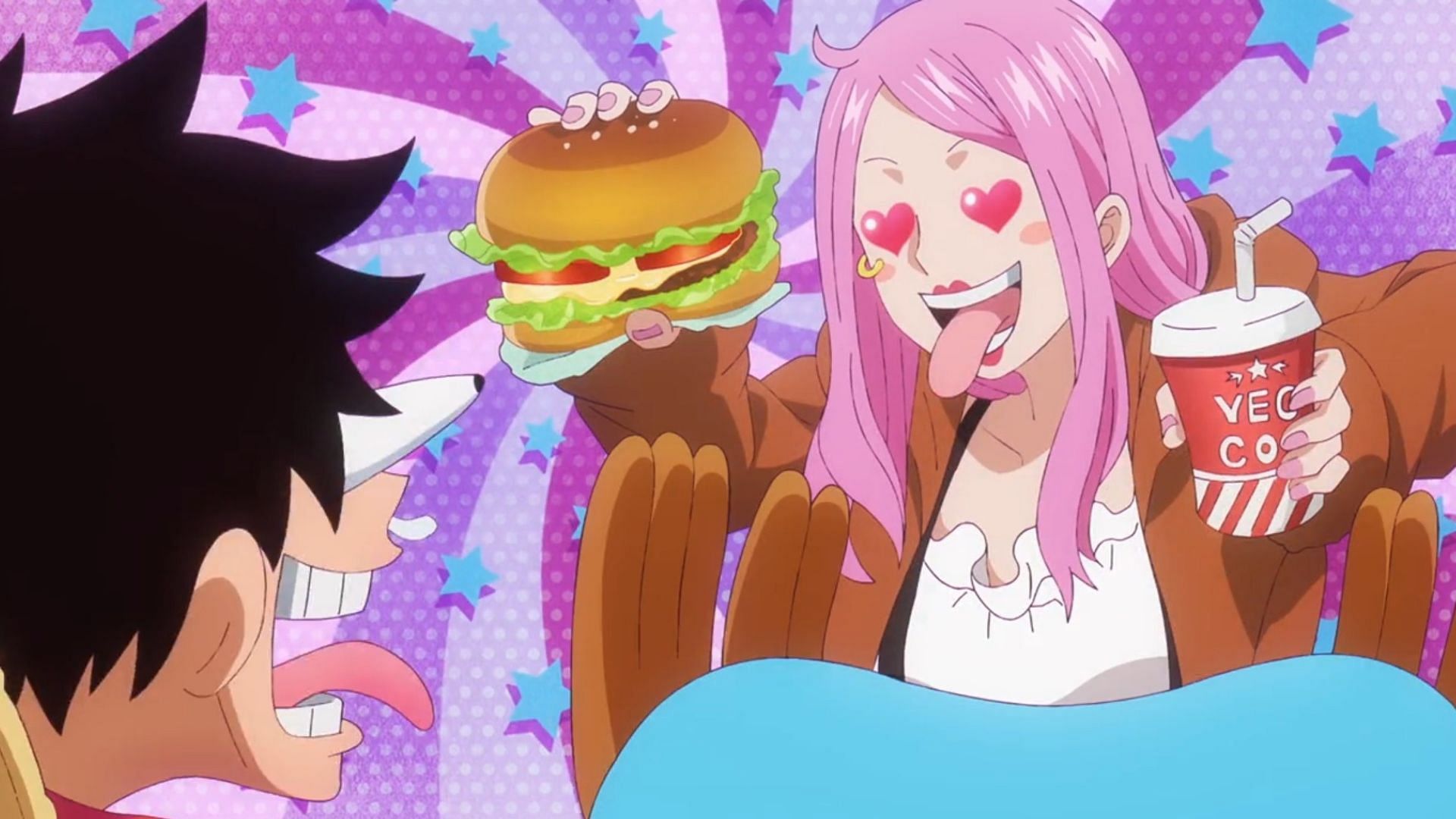 Bonney showing a hamburger and drink to Luffy and Chopper in One Piece episode 1091 (Image via Toei Animation)