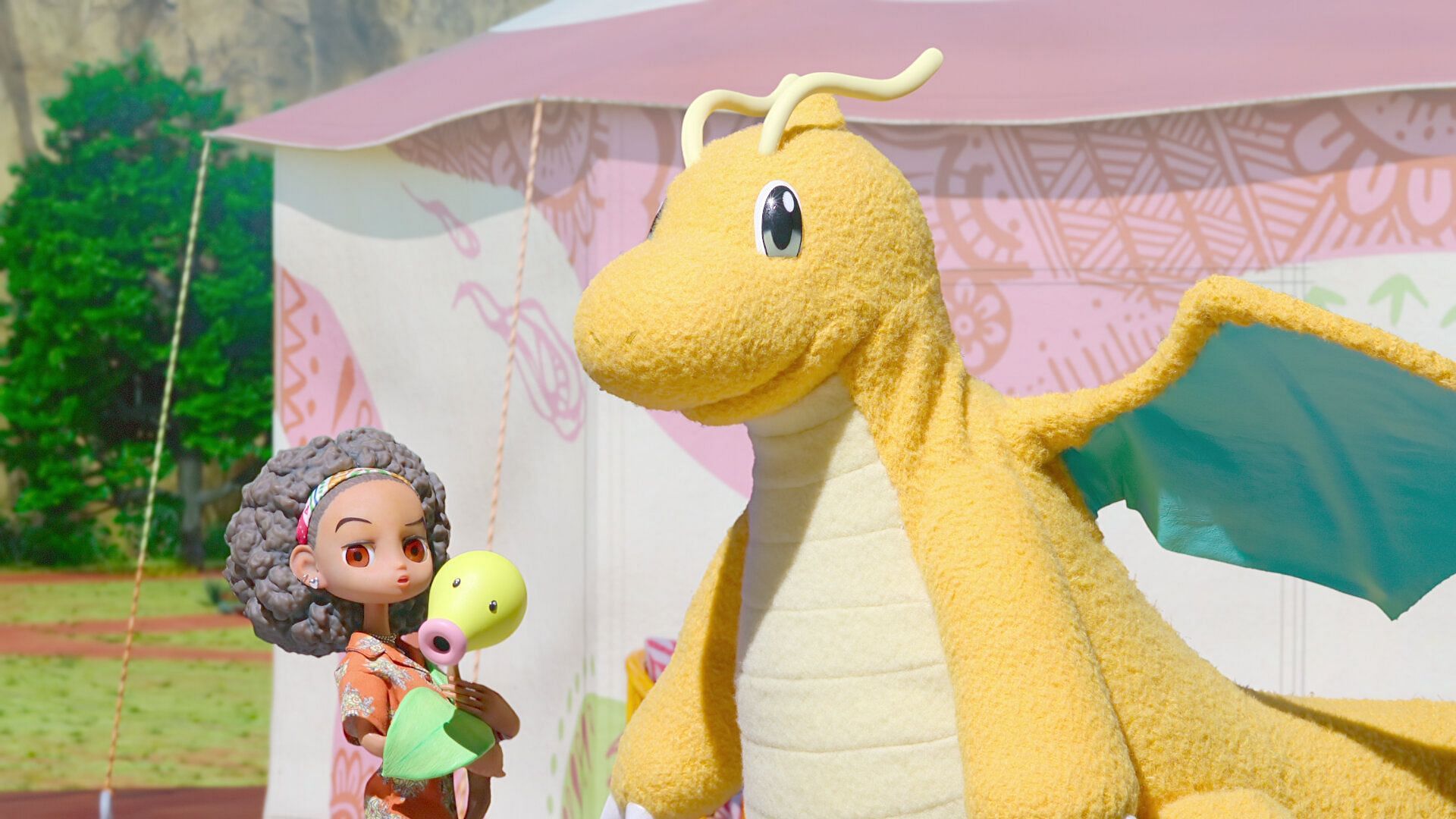 Alisa, Dragonite, and Bellsprout look onward in Pokemon Concierge Episode 3 (Image via The Pokemon Company/Netflix)