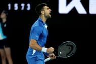 Novak Djokovic celebrates match point against Alexei Popyrin