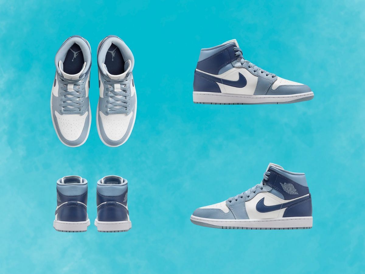 Here&#039;s a detailed look at the Air Jordan 1 Mid Sail/Blue Grey sneakers (Image via Nike)