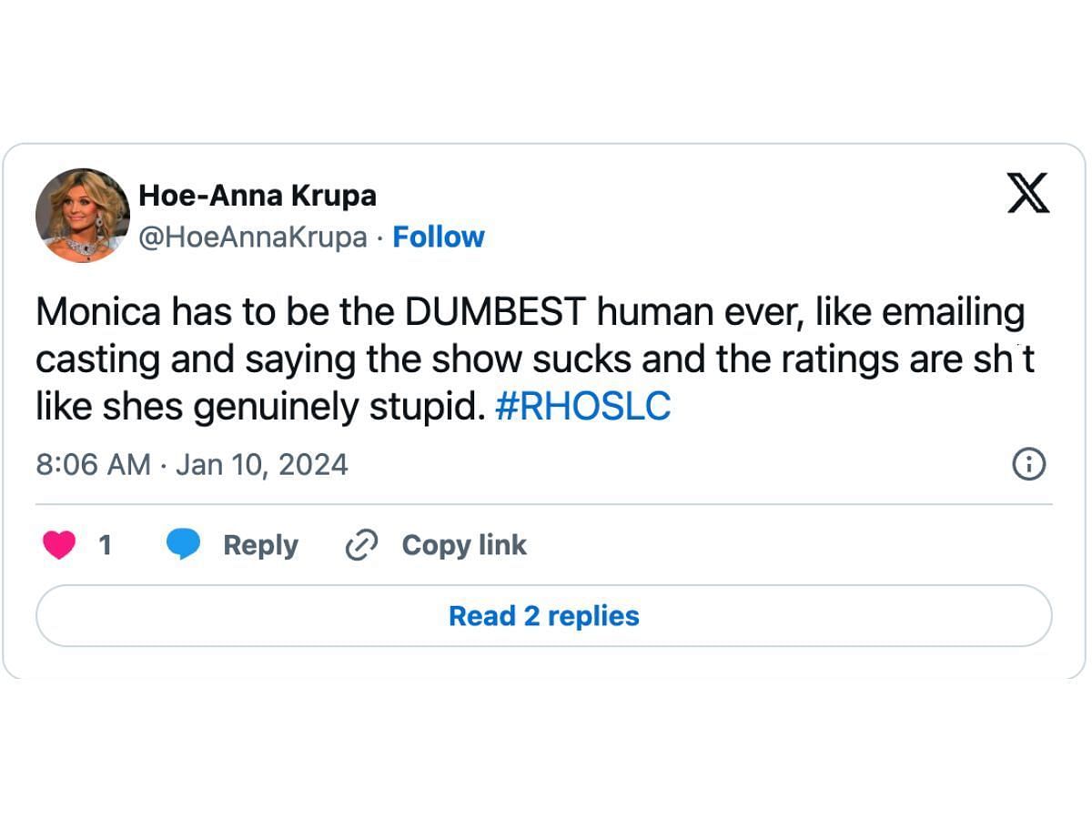 The Real Housewives of Salt Lake City fans react to Monica&#039;s casting comments (Image via Twitter/@HoeAnnaKrupa)