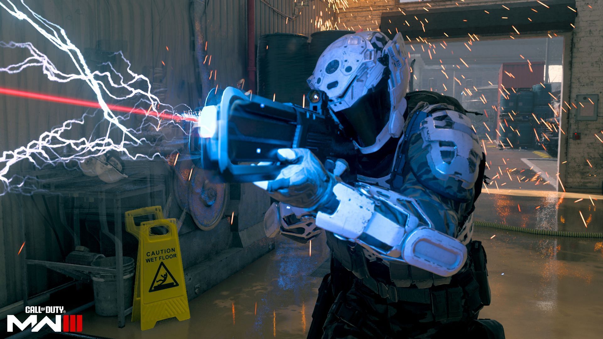 An Operator aiming down the sights on a rifle shooting EMP grenades