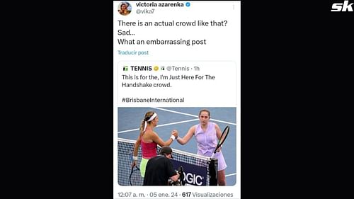 Azarenka responds to Tennis Channel's post about her handshake with Jelena Ostapenko at the 2024 Brisbane International - X, formerly Twitter