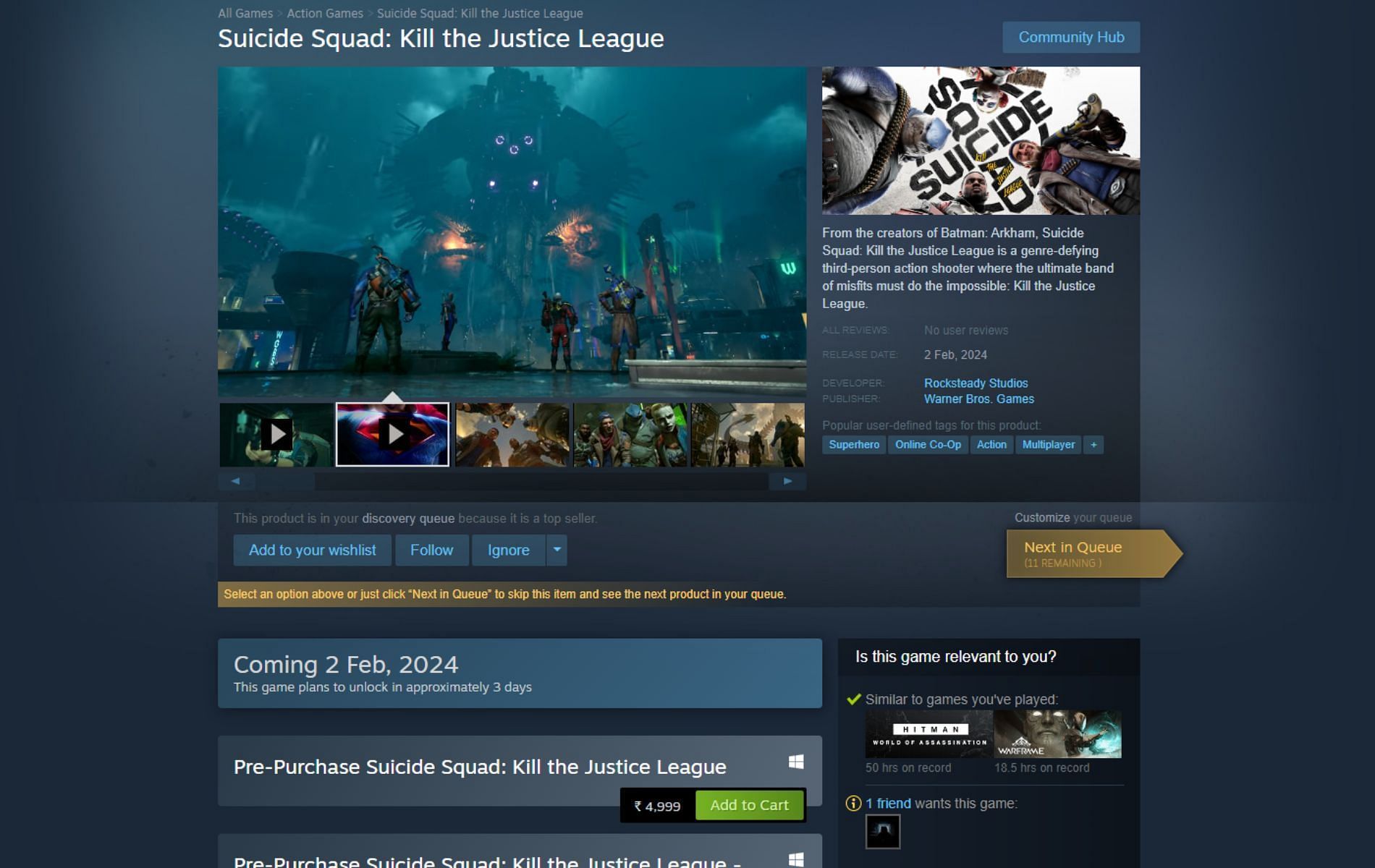 Players can find the pre-order option in the Steam listing for Suicide Squad (Image via Steam)