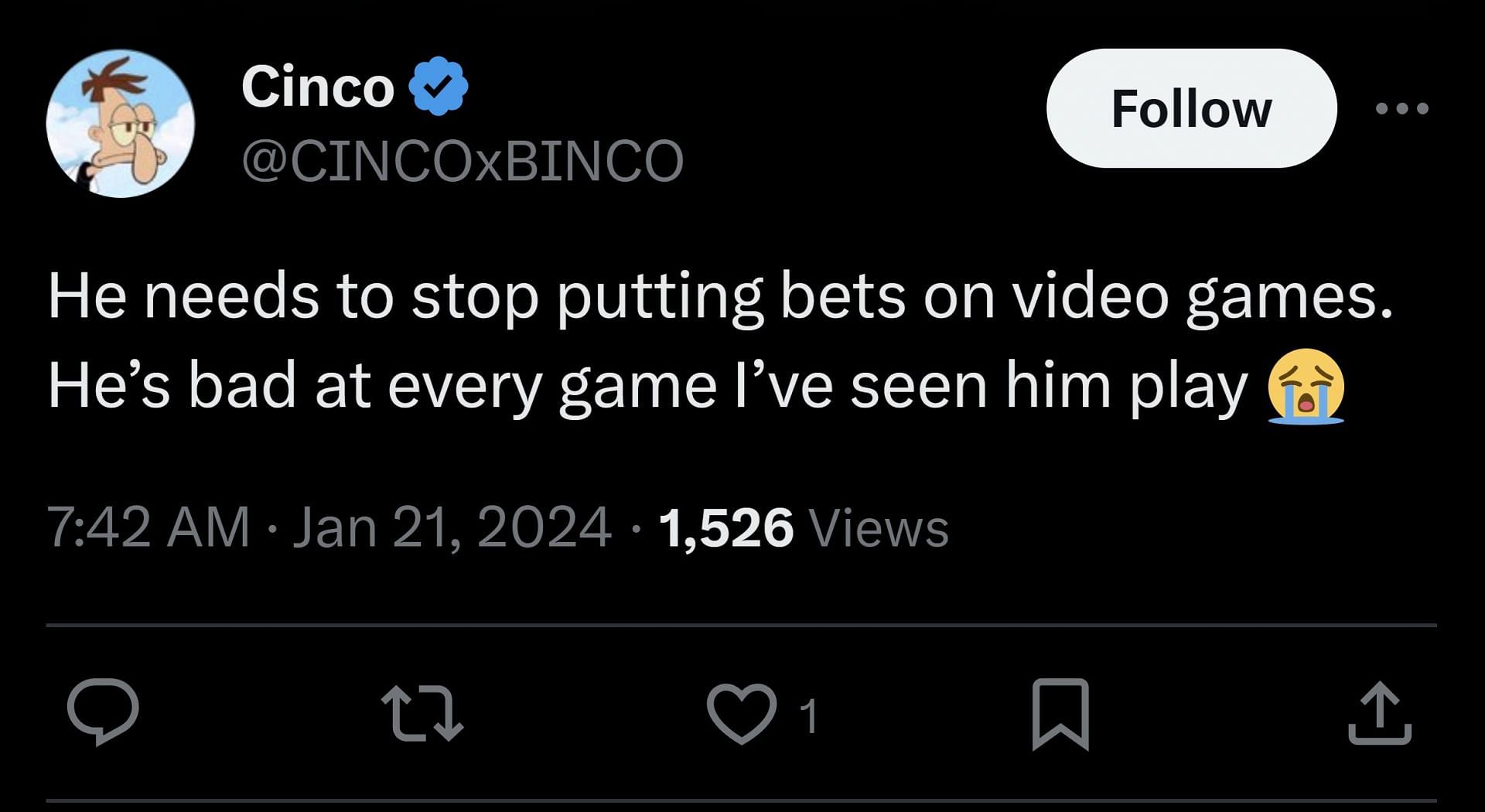 X user @CINCOxBINCO wrote that the streamer should stop putting bets on games (Image via @scubaryan_/X)