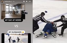 Natalie Miller hilariously contrasts husband JT Miller's work day with her own, citing his fight with Erik Johnson