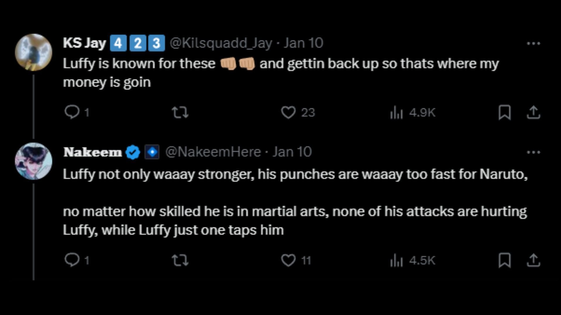 Fan arguments in favor of Luffy. (Image via Twitter @NakeemHere)