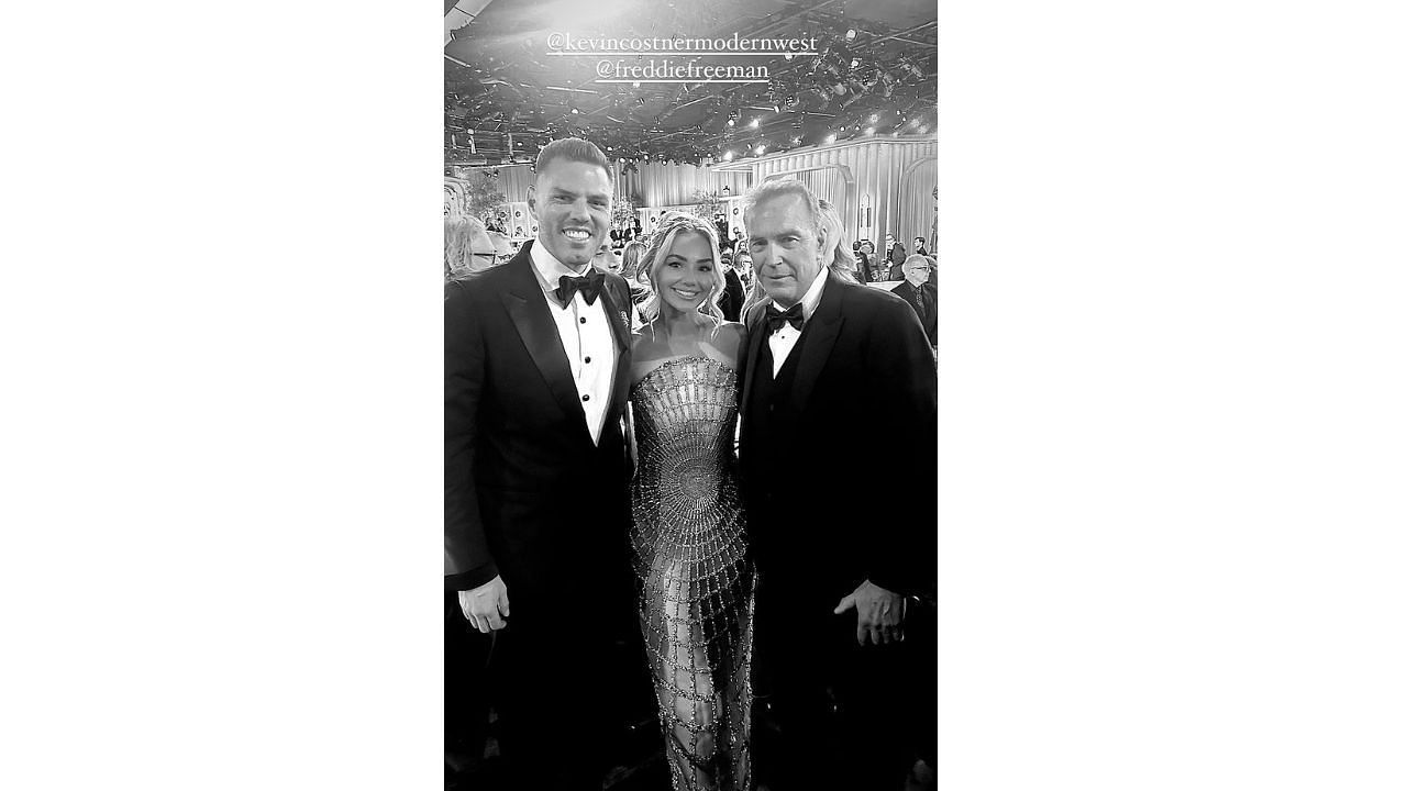 Kevin Costner with Freddie Freeman and his wife. Credit Chelsea Freeman&#039;s Instagram story