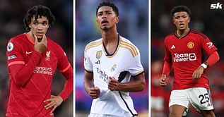 Trent Alexander-Arnold and Jadon Sancho react as Jude Bellingham wins his first trophy at Real Madrid