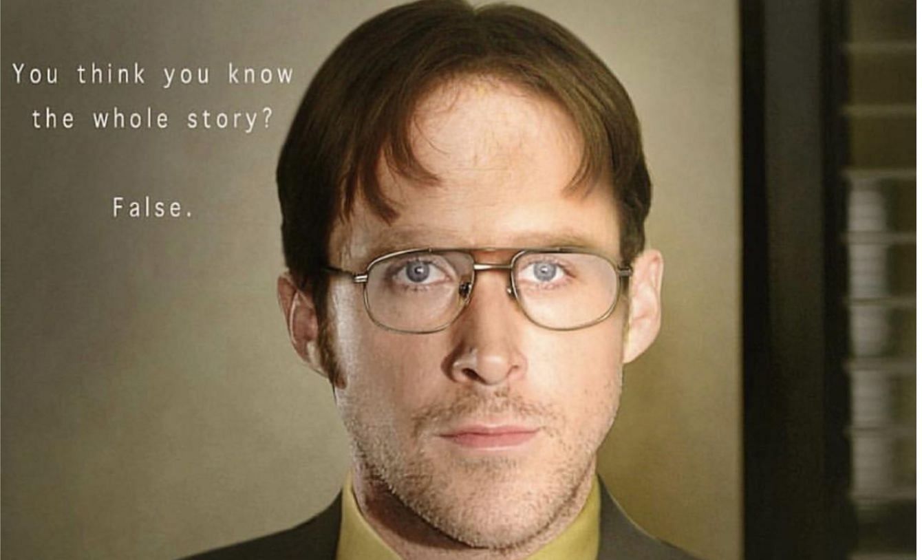 Viral face swap featuring Ryan Gosling as Dwight Schrute. (Image via Reddit/@shreddedaswheat)