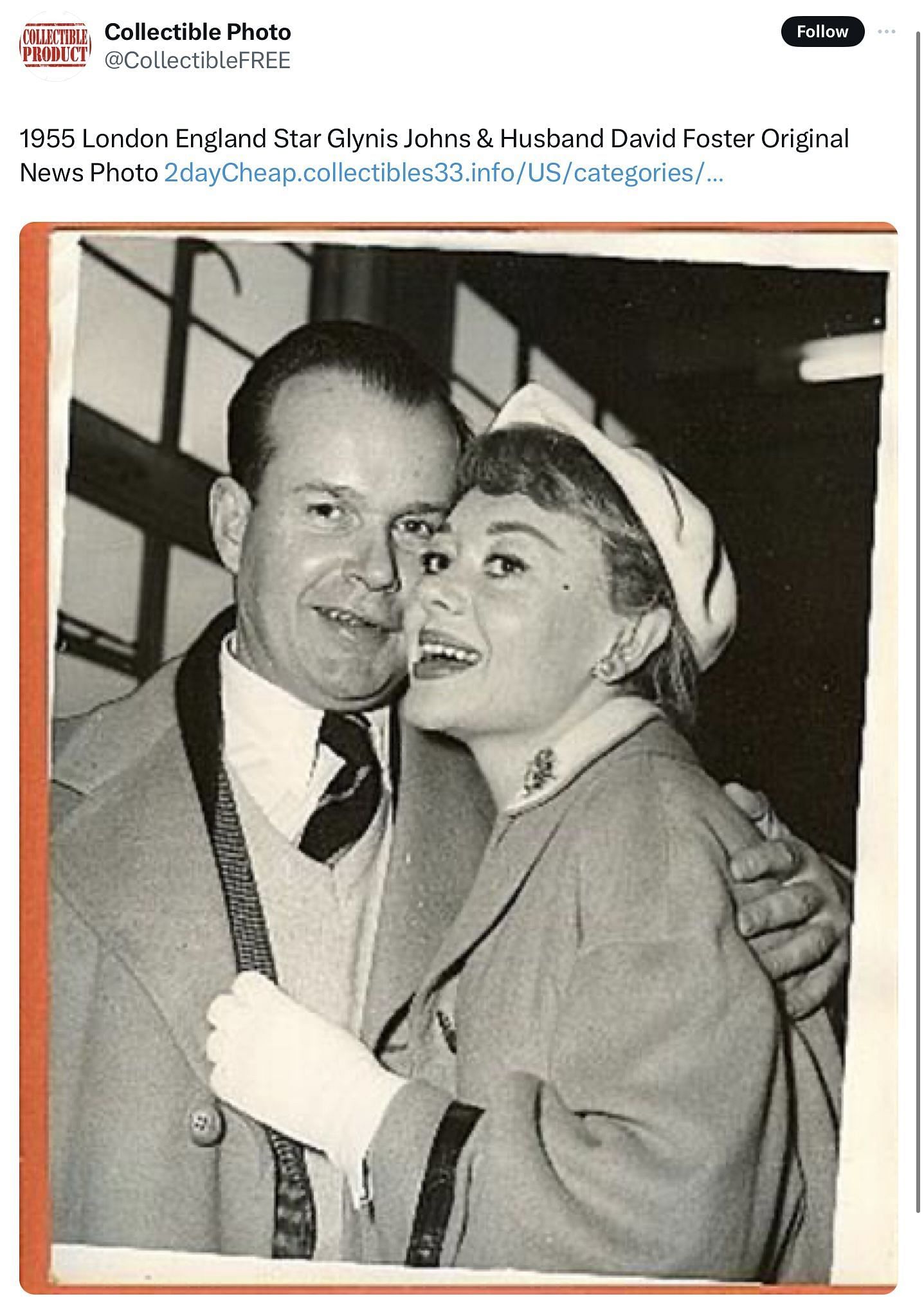 Glynis Johns and her husband David Foster photographed in 1995 (Image via @CollectibleFREE/X)