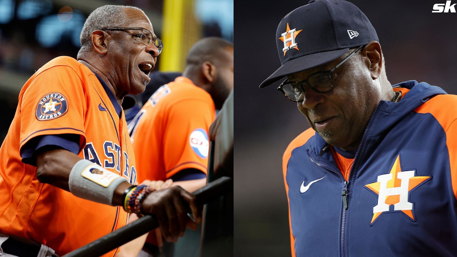 Former Houston Astros manager Dusty Baker looks on from the dugout during a MLB game